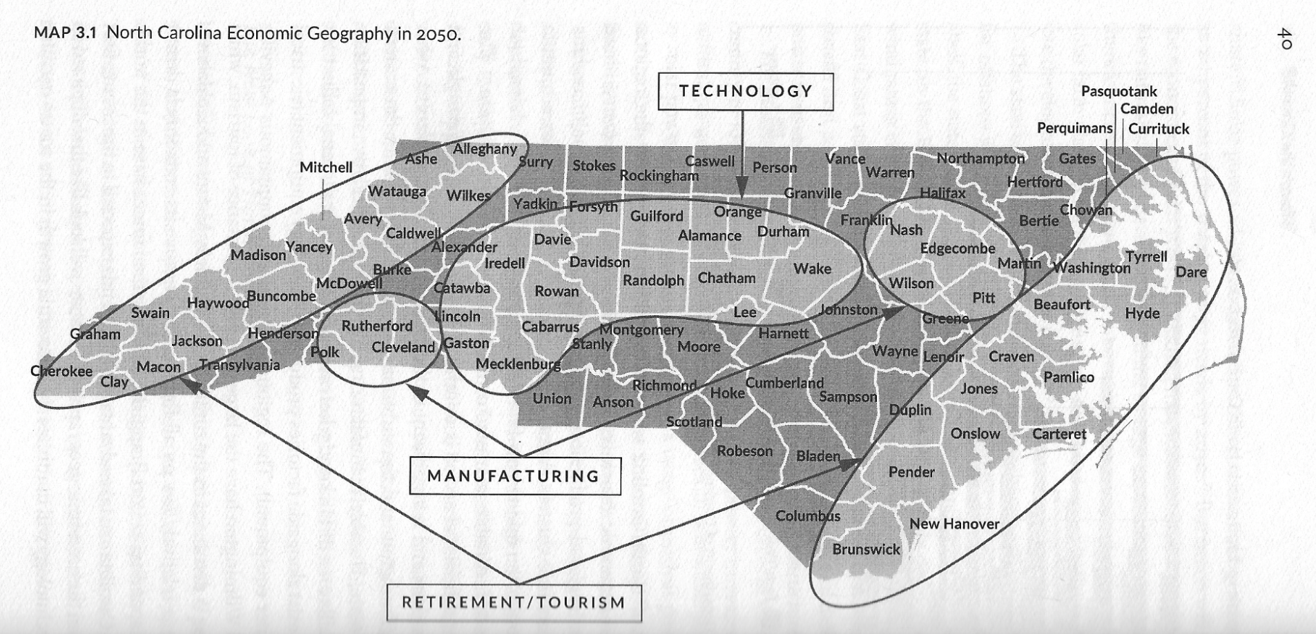 Map of North Carolina counties highlighting regions or retirement and toursism (mountains and Altantic coast), technology (the urban crescent), and manufuacturating (southwest and east of the urban crescent).