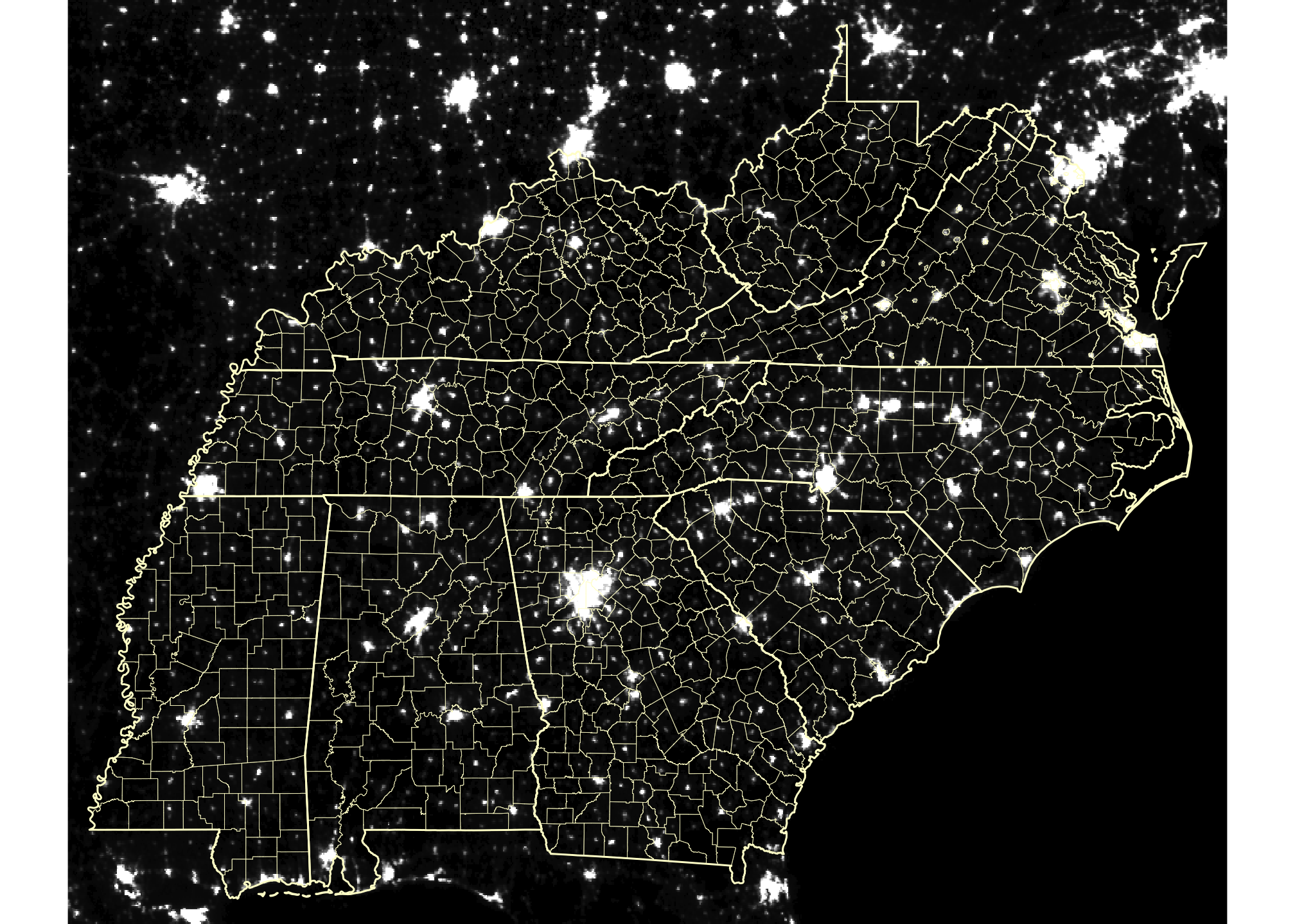 Average nightlight in the S.E. United States in 2000